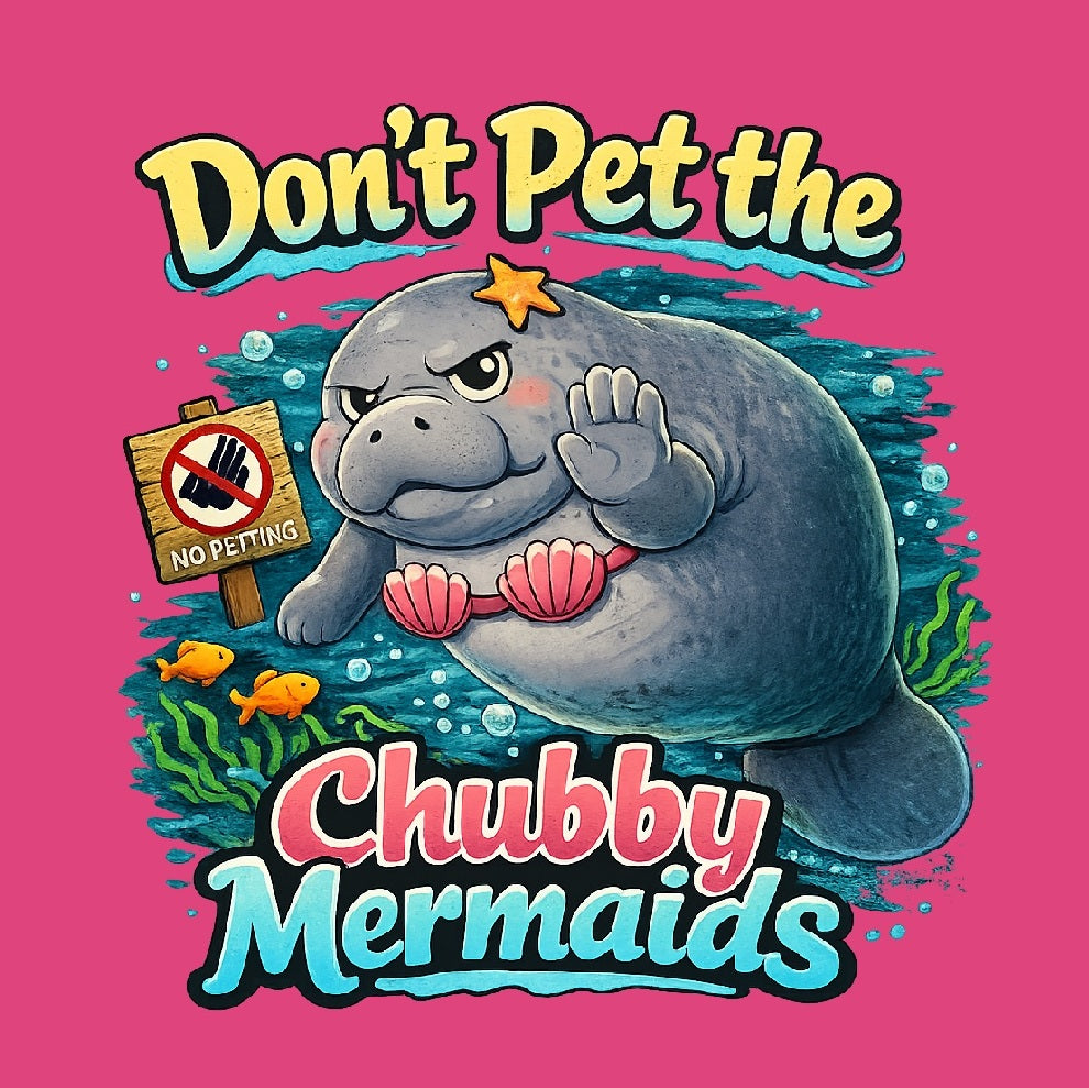 Cartoon manatee in a mermaid outfit with text 'Don't Pet the Chubby Mermaids' on a pink background