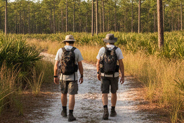 Two hikers walking on a path through a forest with backpacks.