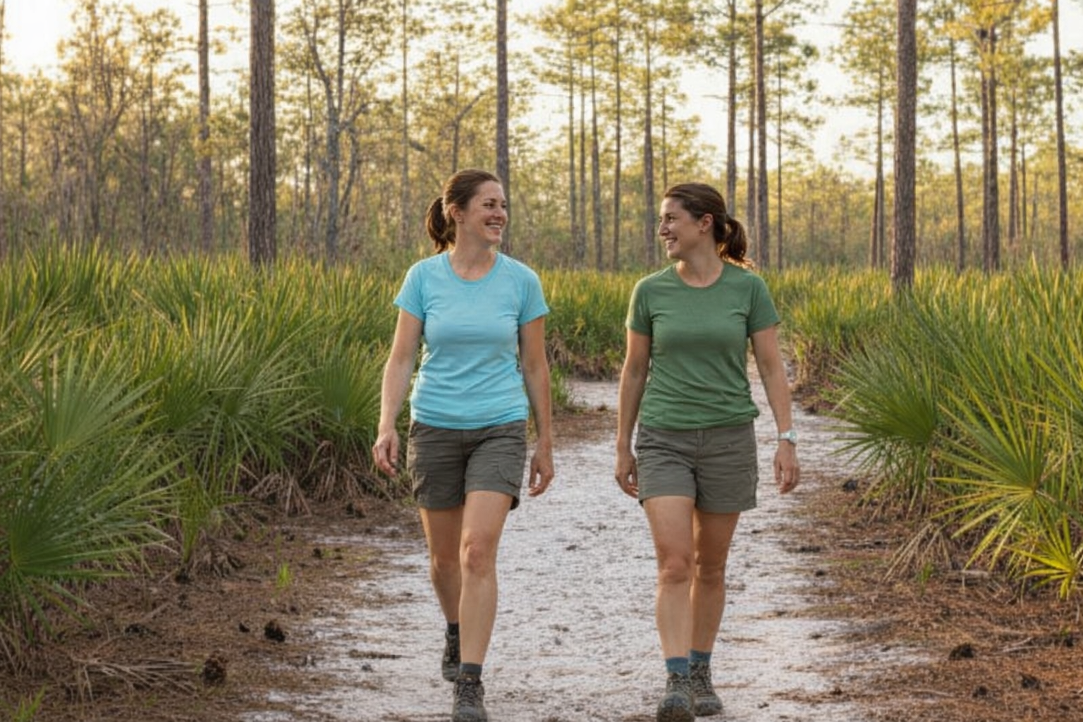 Two women walking on a path through a forest with tall grass and trees.